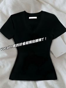 Áo Thun Cotton American Pure V-neck Short Sleeve Hot Girl Summer Basic New Style Womens T-shirt Cotton Pure Color Slim Fit Commute