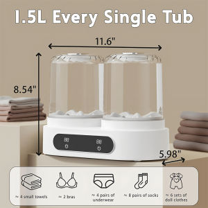 Double Tub Mini Washer Portable Underwear Laundry Machine USB Rechargeable 1.5L x2 Dual Compartment Sock Bra Washer