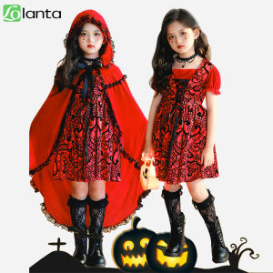 LOlanta เดรสลูกไม้เครื่องแต่งกายเป็นแวมไพร์สำหรับเด็กผู้หญิงหมวกแดงตัวเล็กพร้อมสร้อยคอเสื้อคลุมและเครื่องแต่งกายถุงเท้าเหมาะสำหรับงานปาร์ตี้ฮาโลวีน5-11Years