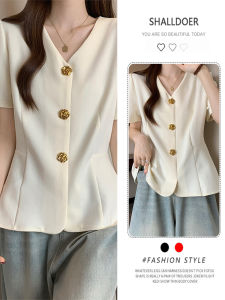 เสื้อคาร์ดิแกนสั้นคอวีแขนพองสไตล์สตรีทสำหรับผู้หญิง ฤดูร้อน 2025 เสื้อผ้าทำงานลำลอง สไตล์สตรีท แขนสั้น ปกติ