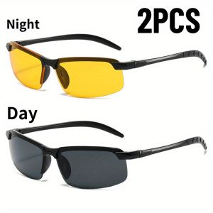 2 Pairs of Night Vision Glasses Mens Goggles Half Frame Fashion Glasses Day and Night Dual-use Driving Glasses Half Frame