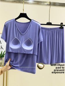 With Chest Pad Modal Short-Sleeved T-Shirt Suit Womens Summer Thin Plus Size V Neck Homewear Casual Loose Pajamas Pajama Pants