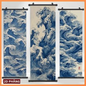 VIKAMA Ukiyo E Wave Scroll Tấm Thảm Màu Xanh Treo Tường Dọc Trang Trí Nhà Cửa Cho Phòng Ngủ Phòng Khách Polyester Có Thể Giặt Bằng Máy