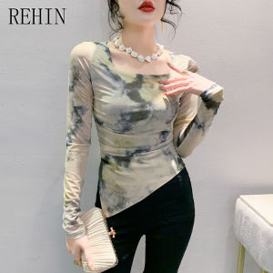 REHIN Spring new Slim fashion halo pleated square neck long-sleeved T-shirt trendy elegant women blouse