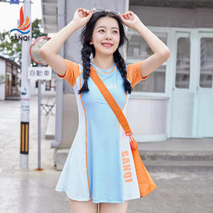 Conservative Style One-Piece Swimsuit for Girls Teenage Swimwear Big Kids School Students Midi Dress Style Swimming Suit