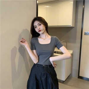 French Style Square Collar Bone Blue Slim Fit T-Shirt Womens Summer Design Short Sleeve High Waist Top Korean Version Commute Style