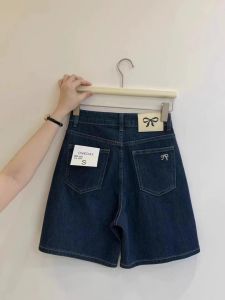 Quần Short Denim Xanh Đậm Thêu Nơ Bướm Thời Trang Mùa Hè Cho Nữ Cạp Cao Quần Ống Rộng Ống Đứng Đa Năng