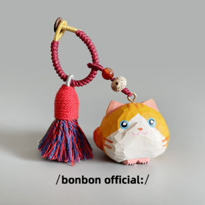 Handcrafted Wood Carved Orange Cat Keychain with Hand Twisted Rope for Car Keys Bag Pendant Creative Gift for Friends