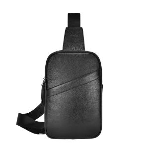 Small Black Genuine Leather Sling Bag for Men Women Crossbody Shoulder Chest Pack Hiking Daypack Outdoor Travel Backpack Cycling