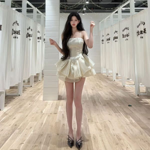 French Gentle Style Puffy Short Skirt Beautiful Unique Strapless Dress High Waist Summer Collection Soft Fabric Non-Sleeved Womens Dress