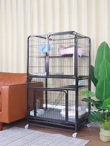 Cat Cage Villa Large Space 4 Layer Pet Cage Foldable Sturdy Pet Furniture Cat Cages with Wheels house with toilet Black/WhiteIron cage