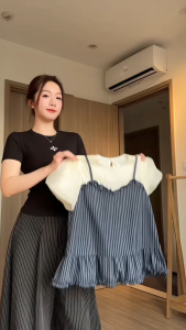 Set Áo Kiểu Tay Bồng Cộc Tay Phối Liền Áo 2 Dây Kẻ Xanh Bèo Nhún Babydoll Nàng Thơ
