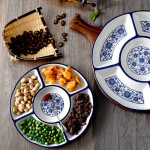 Creative Ceramic Plate Hand-Painted Blue And White Fruit Serving Dish Multi-Grid Home Use Dinnerware round Shape Adult Use