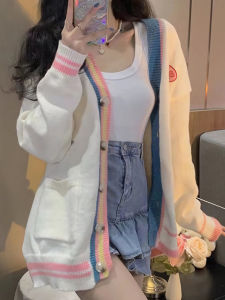 เสื้อคาร์ดิแกนถักคอวีแขนยาวลายดอกไม้สไตล์หวานสำหรับผู้หญิง ทรงหลวม สไตล์นักเรียน เสื้อคลุมกันหนาวสำหรับฤดูใบไม้ผลิ