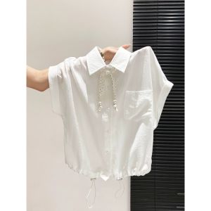 Polka Dot Bow Polo Shirt Drawstring Waist Short Sleeves
