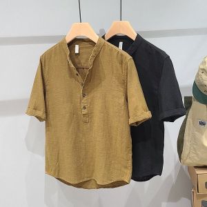 Áo Sơ Mi Nam Vải Lanh Tay Ngắn Rộng Rãi Mùa Hè Thoáng Khí Cổ Đứng Tay Lụa Băng Mỏng Cotton Lanh Áo Thun Cổ Polo Màu Trắng