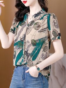 Ladies Chiffon Shirt Spring Autumn Summer New Style plus Size Fashionable Top Elegance Short Sleeve Blouse Korean Version Loose Fit Print Decoration