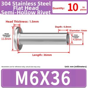 JINJUNTAI | 304 Stainless Steel Flat Head Hollow Rivets