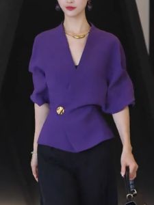 QINGNAER | French Elegant Plus Size Blouse V-Neck Metal Buttons Waist Cinched