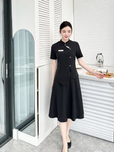 New Chinese Style Womens Summer Beauty Salon Front Desk Professional Suit A-Line Skirt with Button Design Short Sleeve