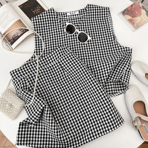 Retro Style V-Neck Sleeveless Tank Top with High Waist Slimming Midskirt Grid Pattern Two-Piece Set for Women