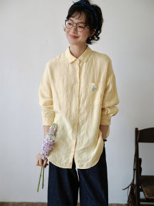 Artistic Linen Striped Embroidered Shirt Womens Long Sleeve Spring Top Comfortable Breathable UV Protection Regular Fit