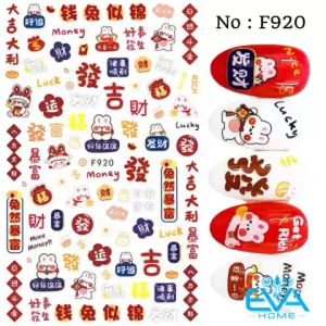 Miếng Dán Móng Tay 3D Nail Sticker Tráng Trí Tết Mừng Năm Mới 2023 Họa Tiết Thỏ Get Rich Phát Tài More Money Lucky F920