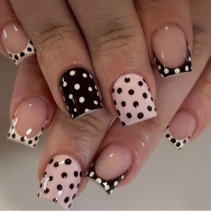 Short Medium fake nails Fashion polka dots cute bow brown coffee pink black white red almond square tips press on false nails