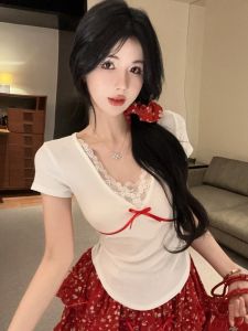 GUZILIAN | Sweet Pure Desire Lace Splice Summer Slimming T-Shirt Skirt Set Womens Floral Half-length Two-piece Ensemble Commute Style