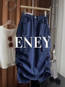 225High Waist Cargo Denim Skirt with Pockets Straight Leg Tummy Slimming Midi Skirt American Style Fashion Womens Cotton Skirt