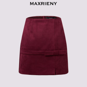 MaxRieny Vintage Dark Red Bowknot Half Skirt Short A-Line Skirt Elegant High Waist Polyester Spandex Blend Winter Collection