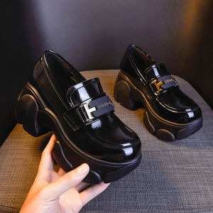 Womens Flats Thick Bottom High Heels British Style Slip-On Shoes Casual round Toe PU Leather Fashionable Platform Sneakers