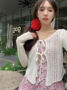 White Knitted Open Cardigan Womens Autumn New Design Sensation Hollow out Top Sunscreen Belted Short Shirt Korean Style Loose Fit