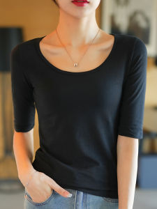 Black Pure Cotton Slim Fit mid Sleeve T-Shirt Womens Base Shirt Low round Neck Spring Autumn Summer Fashion Casual Wear