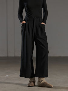 High Waist Straight Leg Nine Pants Womens Loose Silhouette Slimming Casual Trousers Black Color Premium Feeling