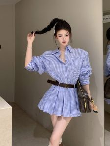 GUZILIAN | Slim Fit Shirt Dress With Shoulder Pads High Waist Pleated Mini Skirt For Women Early Autumn Fashion Blue White Plaid Design