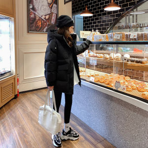 Orange Hooded Mid-Length down Jacket Womens Bread Style White Duck Feather Coat Winter Casual Loose Small Size