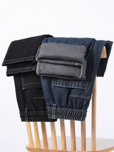 ROMON | Lormen Mens Fleece Lined Wide Leg Jeans Thick Winter Loose Straight Casual Long Trousers Trendy Drawstring Mid Waist Jeans