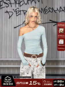 American Style Asymmetric Shoulder Slim Fit T-Shirt Women Design Sense Inner Wear Breathable Long Sleeve Pure Color T-Shirt