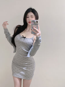 Syj/shucloth Nhà Plus Kích Thước Gợi Cảm Cay Chấm Bi Eo Inching Đan Mở Cardigan 2 Bộ Nữ Thường Ngày Mùa Hè