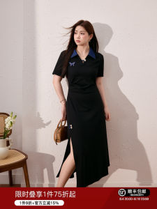 Plus Size Butterfly Embroidery V-Neck Slimming Black Dress