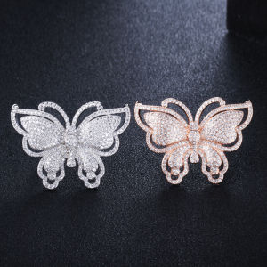 SEQUITO Vivid Rose Gold Silver Plated Big Symmetrical Butterfly Ring Full Micro Pave Tiny Bling AAA Cubic Zircon Stones Statement Women Prom Banquet Finger Jewelry SR094