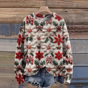 Womens Christmas Festive Pullover Sweatshirt Loose Fit Long Sleeve Printed Polyester Fiber Fashionable Winter Top