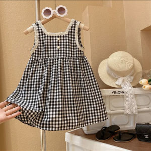 Stylish Girl Checkered Princess Dress with Lace
