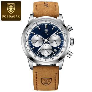 POEDAGAR Fashion Sport Wristwatch For Men Waterproof Luminous Chronograph Military Man Watch Leather Luxury Quartz Mens Watches