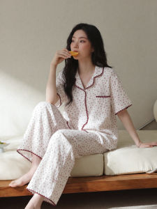 me home wear | Summer Pure Cotton Gauze Pajamas Short Sleeve & Long Pants Set