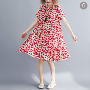 Plus Size Loose Cotton Linen Vintage Floral Print Mid-length Dress