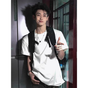 White Heavyweight Short Sleeve Mens T-shirt Pure Cotton Shoulder Appropriate Five-Quarter Sleeve Stylish Summer Trendy Youth Casual Tee