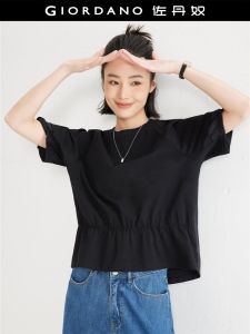 เสื้อยืดแขนสั้นผู้หญิง Giordano คอลเลกชั่นฤดูร้อน 2024 ทรงหลวม คอตั้ง สีพื้น ผ้าฝ้ายผสมโพลีเอสเตอร์ ปกติ