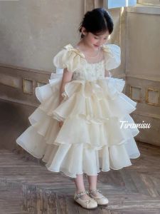 Girls Summer Fashionable Casual Princess Dress Birthday Cake Style Polyester Fiber mid High Waist Short Sleeve Midi Skirt